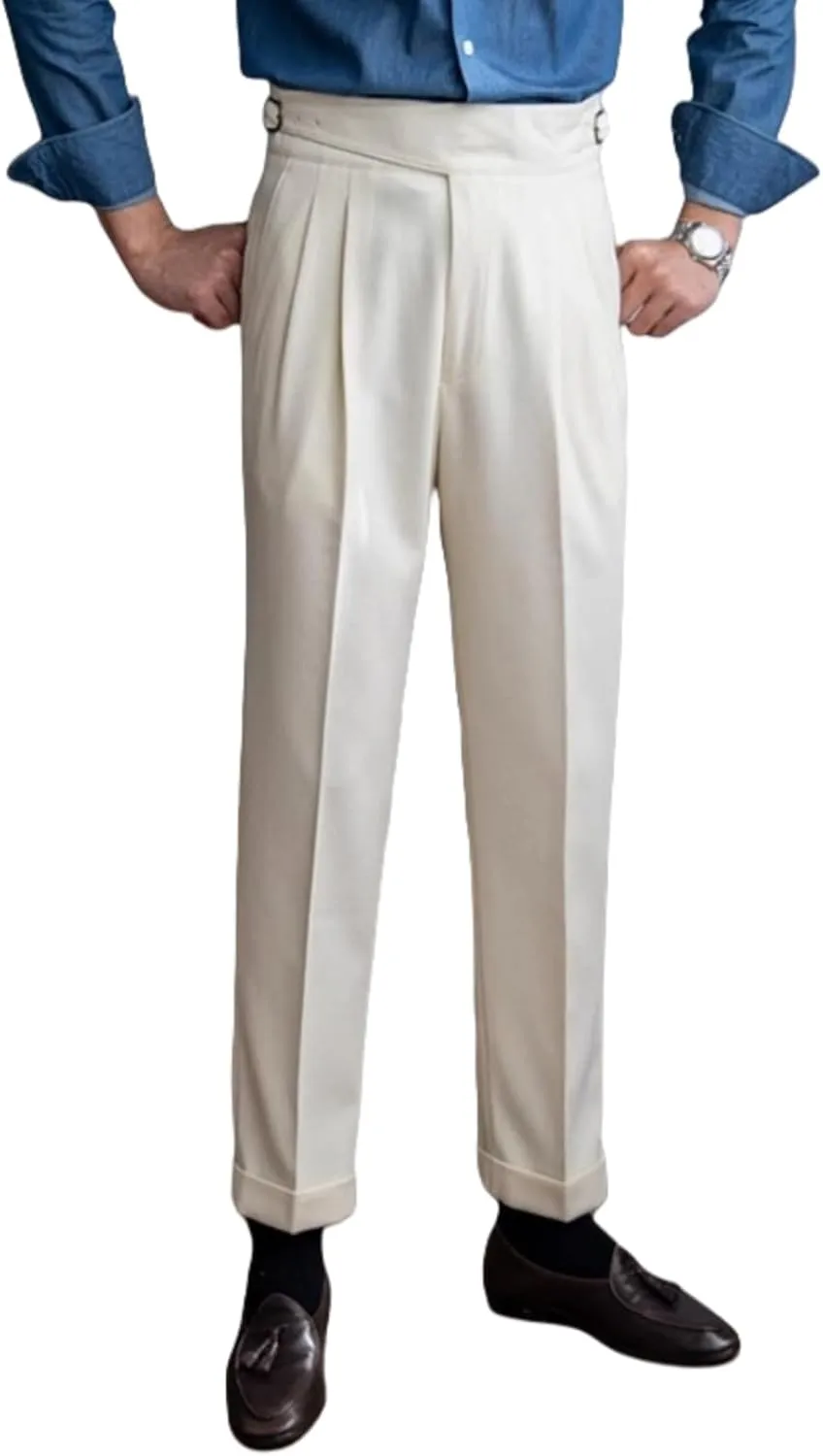Men's Classic Gurkha Naples Italian Style Dress Pants High Waisted Pleated No Iron Suit Trousers Straight Leg Slacks