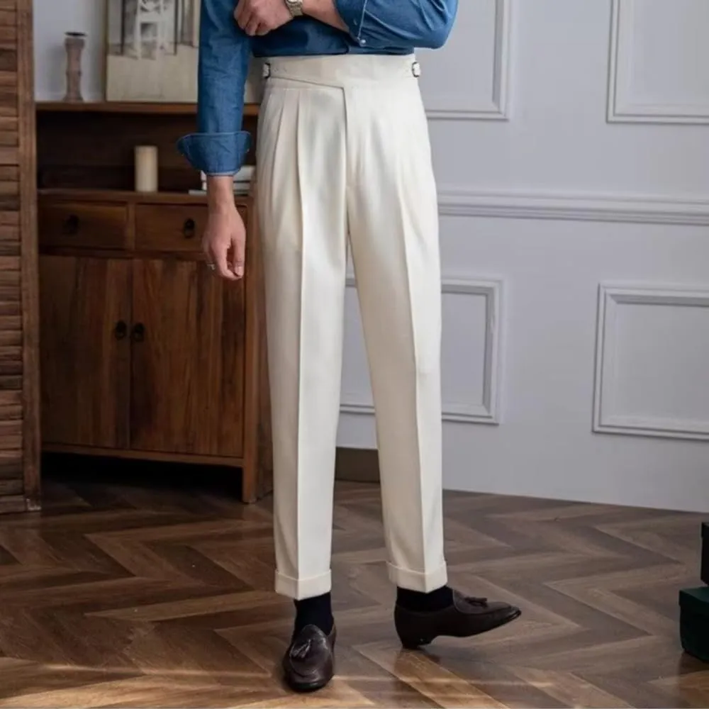 Men's Classic Gurkha Naples Italian Style Dress Pants High Waisted Pleated No Iron Suit Trousers Straight Leg Slacks
