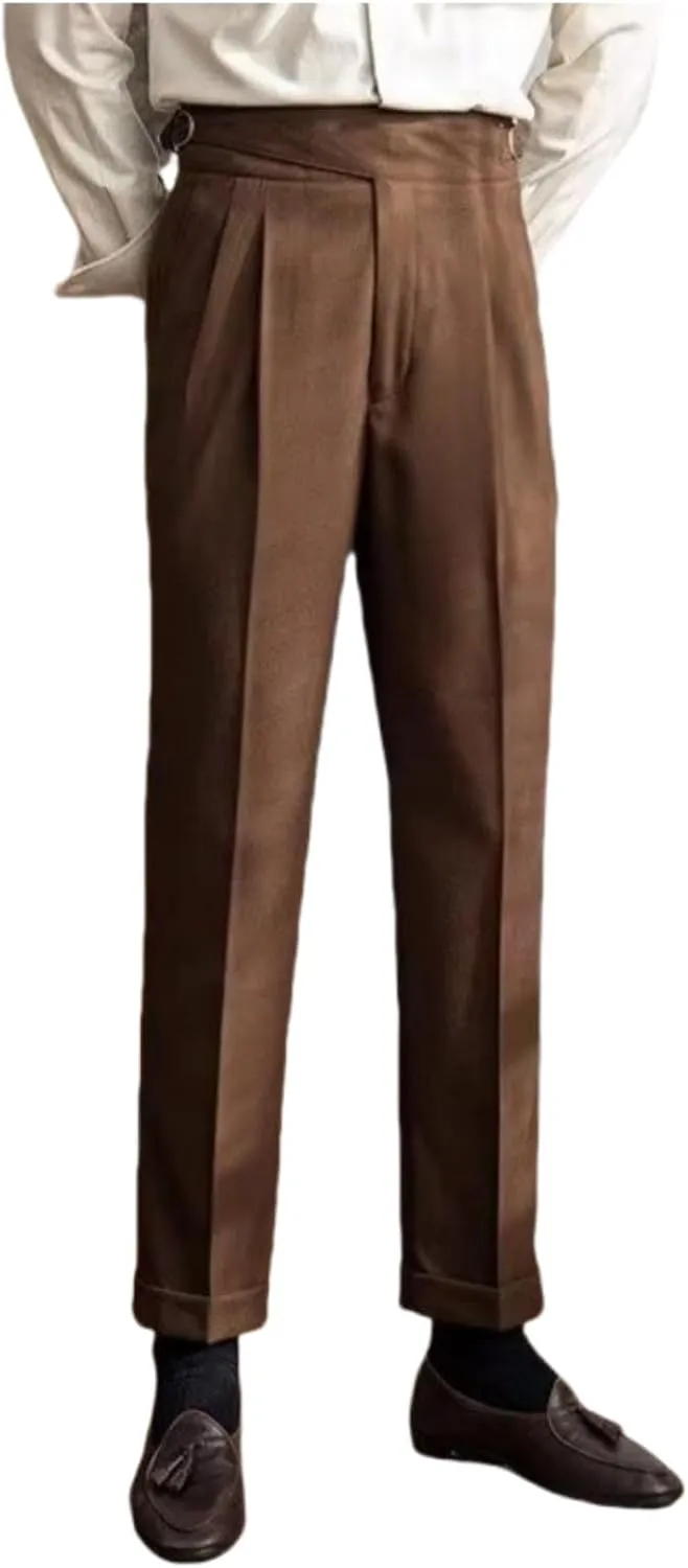 Men's Classic Gurkha Naples Italian Style Dress Pants High Waisted Pleated No Iron Suit Trousers Straight Leg Slacks