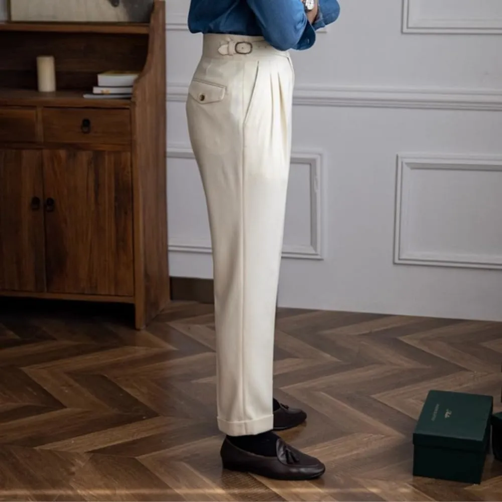 Men's Classic Gurkha Naples Italian Style Dress Pants High Waisted Pleated No Iron Suit Trousers Straight Leg Slacks