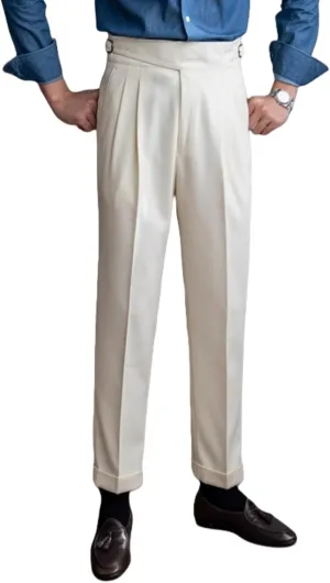 Men's Classic Gurkha Naples Italian Style Dress Pants High Waisted Pleated No Iron Suit Trousers Straight Leg Slacks