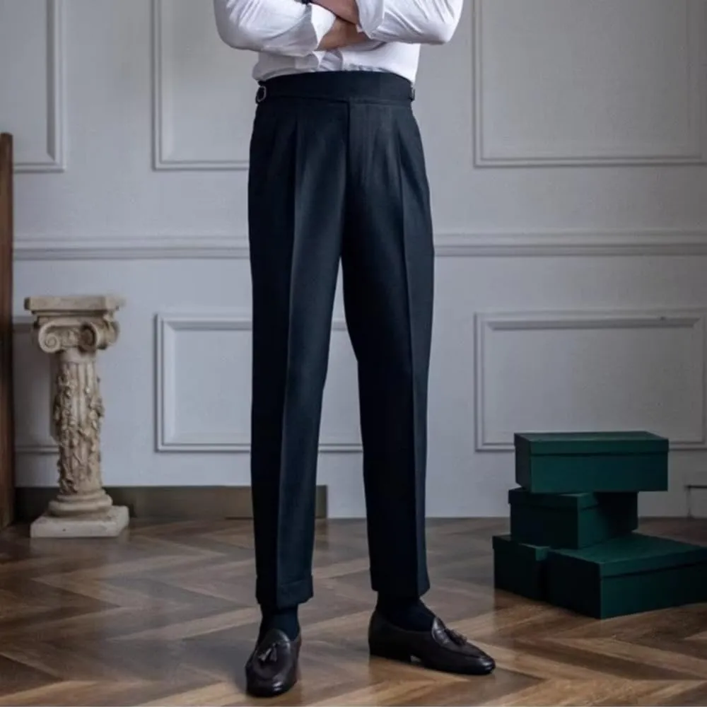 Men's Classic Gurkha Naples Italian Style Dress Pants High Waisted Pleated No Iron Suit Trousers Straight Leg Slacks