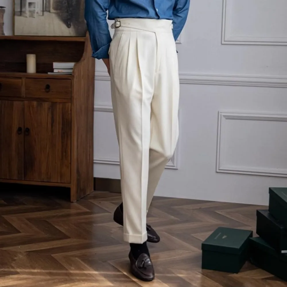 Men's Classic Gurkha Naples Italian Style Dress Pants High Waisted Pleated No Iron Suit Trousers Straight Leg Slacks