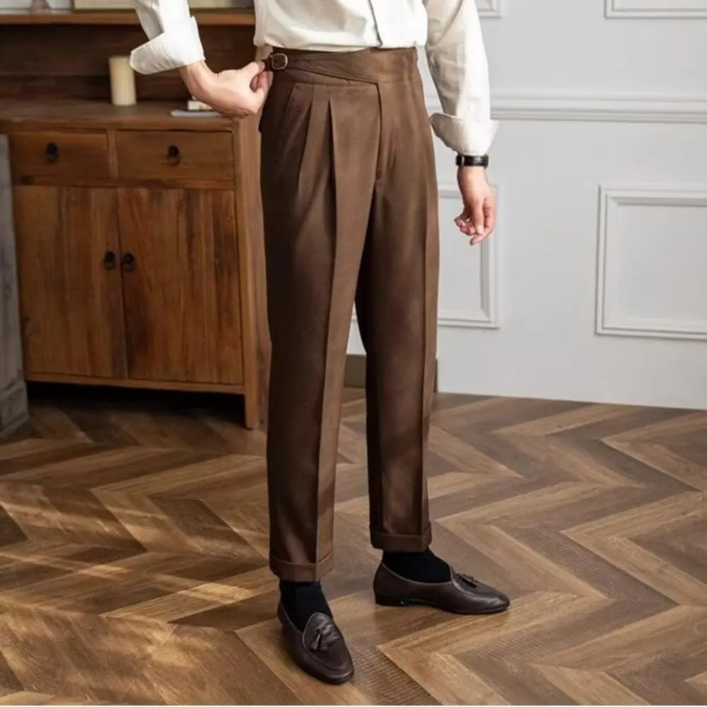 Men's Classic Gurkha Naples Italian Style Dress Pants High Waisted Pleated No Iron Suit Trousers Straight Leg Slacks