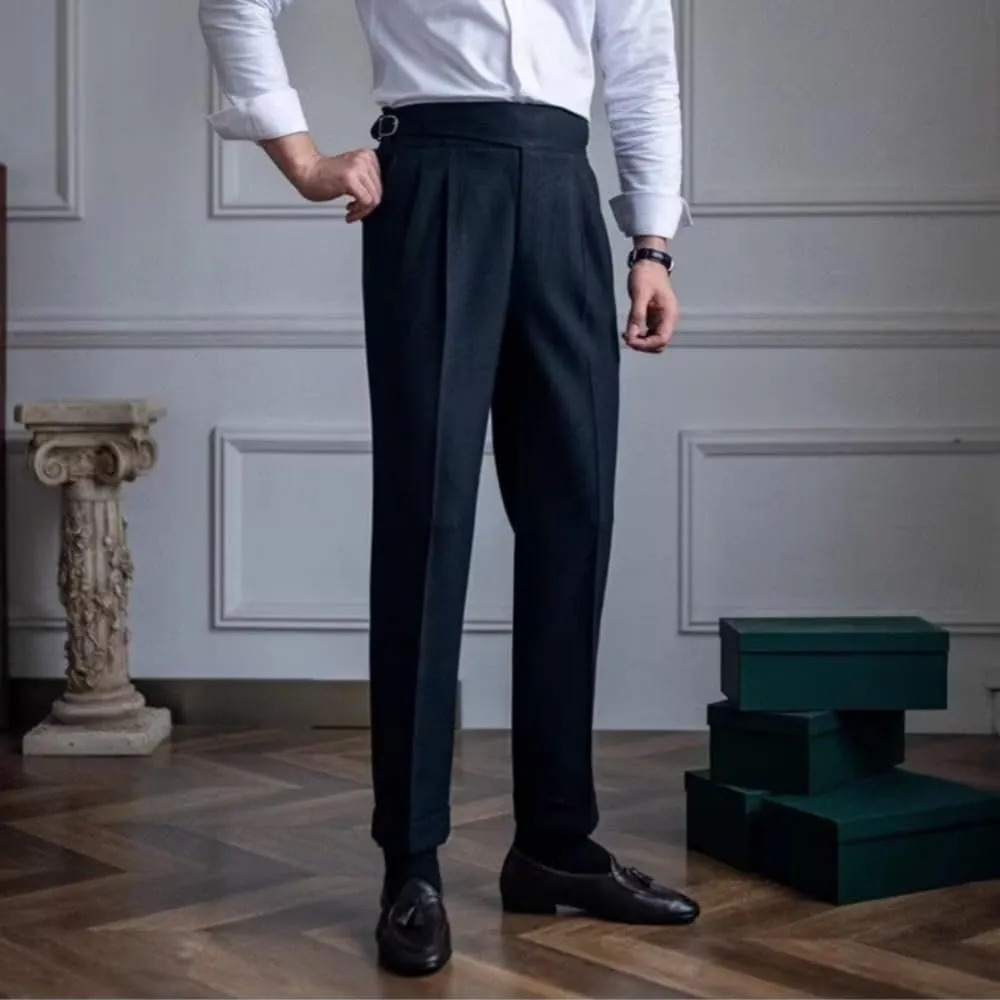 Men's Classic Gurkha Naples Italian Style Dress Pants High Waisted Pleated No Iron Suit Trousers Straight Leg Slacks
