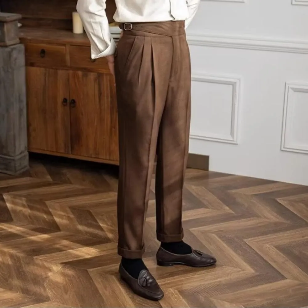 Men's Classic Gurkha Naples Italian Style Dress Pants High Waisted Pleated No Iron Suit Trousers Straight Leg Slacks