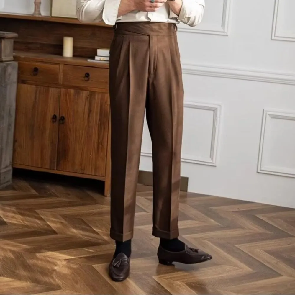 Men's Classic Gurkha Naples Italian Style Dress Pants High Waisted Pleated No Iron Suit Trousers Straight Leg Slacks