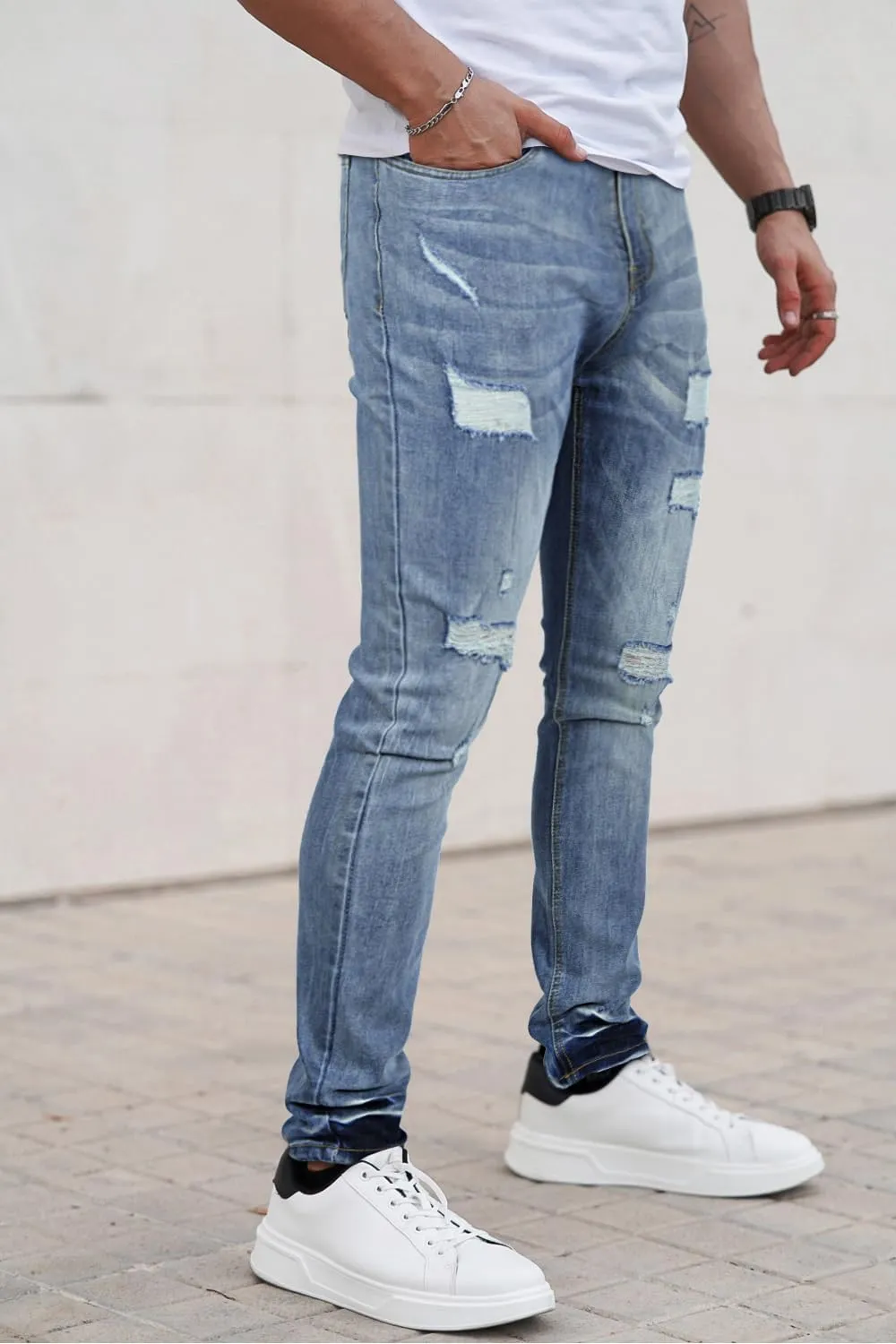 Men's Classic Slim Fit Stretchy Jeans for Men Skinny Flex Denim Pants Ripped Designer