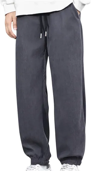 Men's Corduroy Joggers Pants Elastic Waist Drawstring Straight Pants Loose Casual Trendy Solid Trousers with Pockets