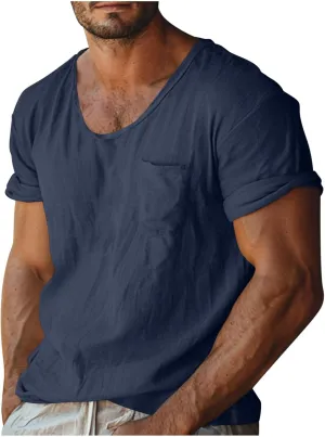 Men's Cotton Linen T Shirt Short Sleeve Crew Neck Tops Casual Summer Lightweight Loose Classic Basic Tee Shirts