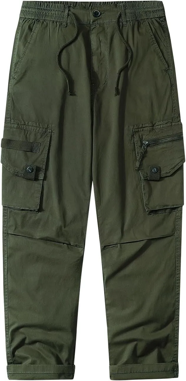 Men's Cotton Pants Casual Cargo Pants with Multi Pocket Drawstring Hiking Pants Outdoor Joggers Fishing Trouser
