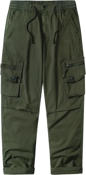 Men's Cotton Pants Casual Cargo Pants with Multi Pocket Drawstring Hiking Pants Outdoor Joggers Fishing Trouser