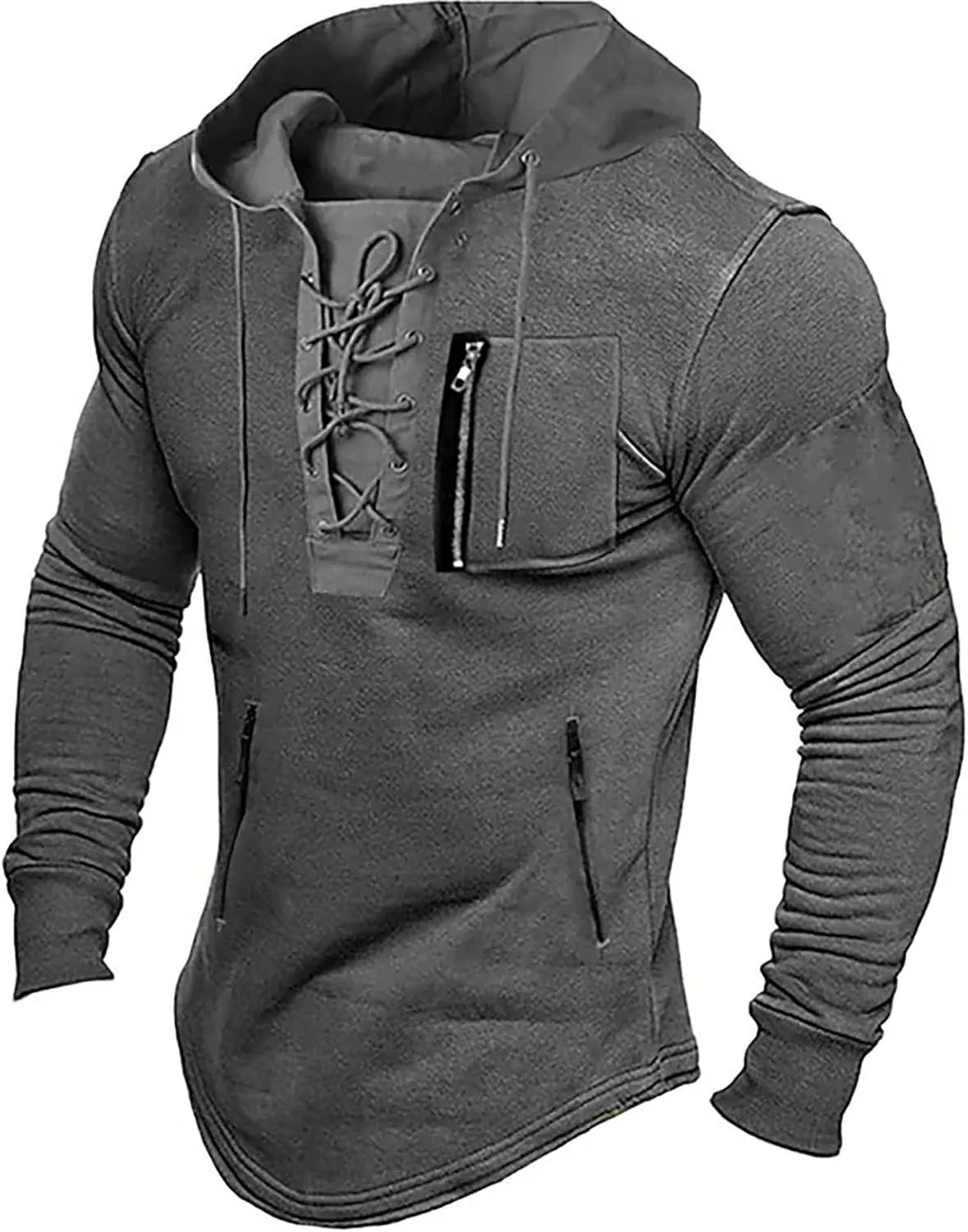 Mens Distressed Gothic Steampunk Hoodies Sweatshirts Outdoor Long Sleeve Lace Up Tactical Sports Hooded Sweatshirts