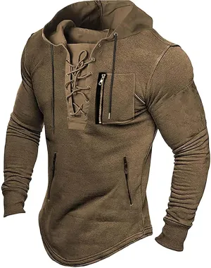 Mens Distressed Gothic Steampunk Hoodies Sweatshirts Outdoor Long Sleeve Lace Up Tactical Sports Hooded Sweatshirts