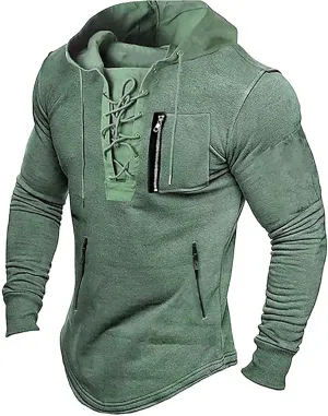 Mens Distressed Gothic Steampunk Hoodies Sweatshirts Outdoor Long Sleeve Lace Up Tactical Sports Hooded Sweatshirts