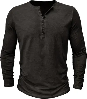 Mens Distressed Henley Shirts Classic Retro Long Sleeve Cotton Tee Shirts Casual Button Down Washed T-Shirts