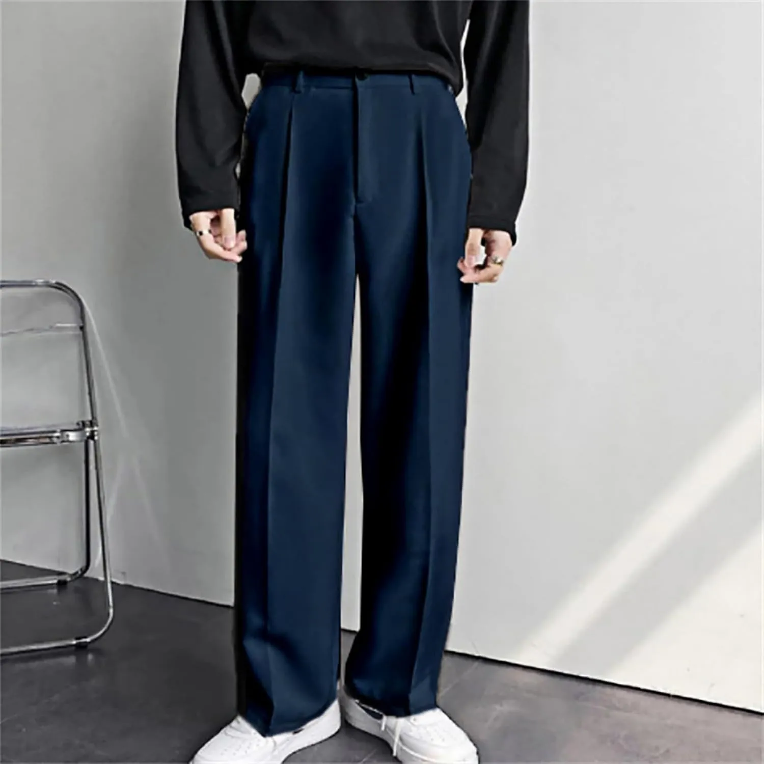 Mens Dress Pants Wide Leg Pleat Front Long Pants High Waisted Button Zipper Fly Suit Trousers Business Work Clothes