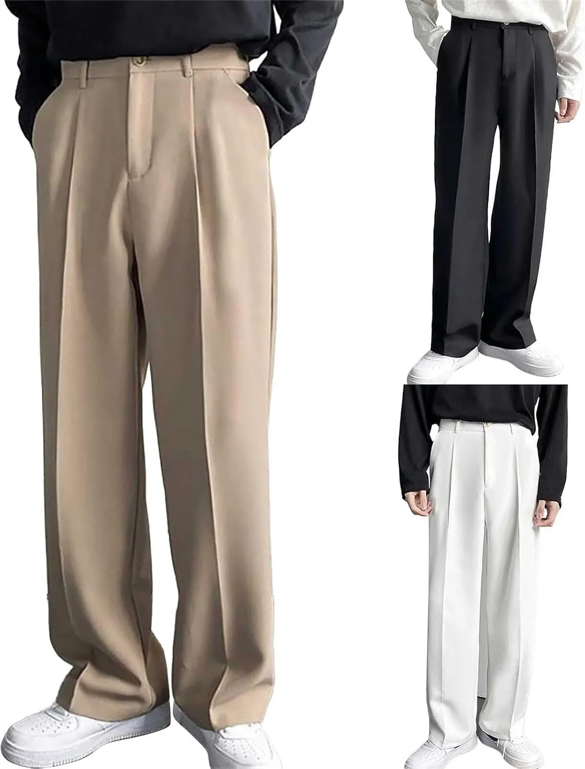 Mens Dress Pants Wide Leg Pleat Front Long Pants High Waisted Button Zipper Fly Suit Trousers Business Work Clothes