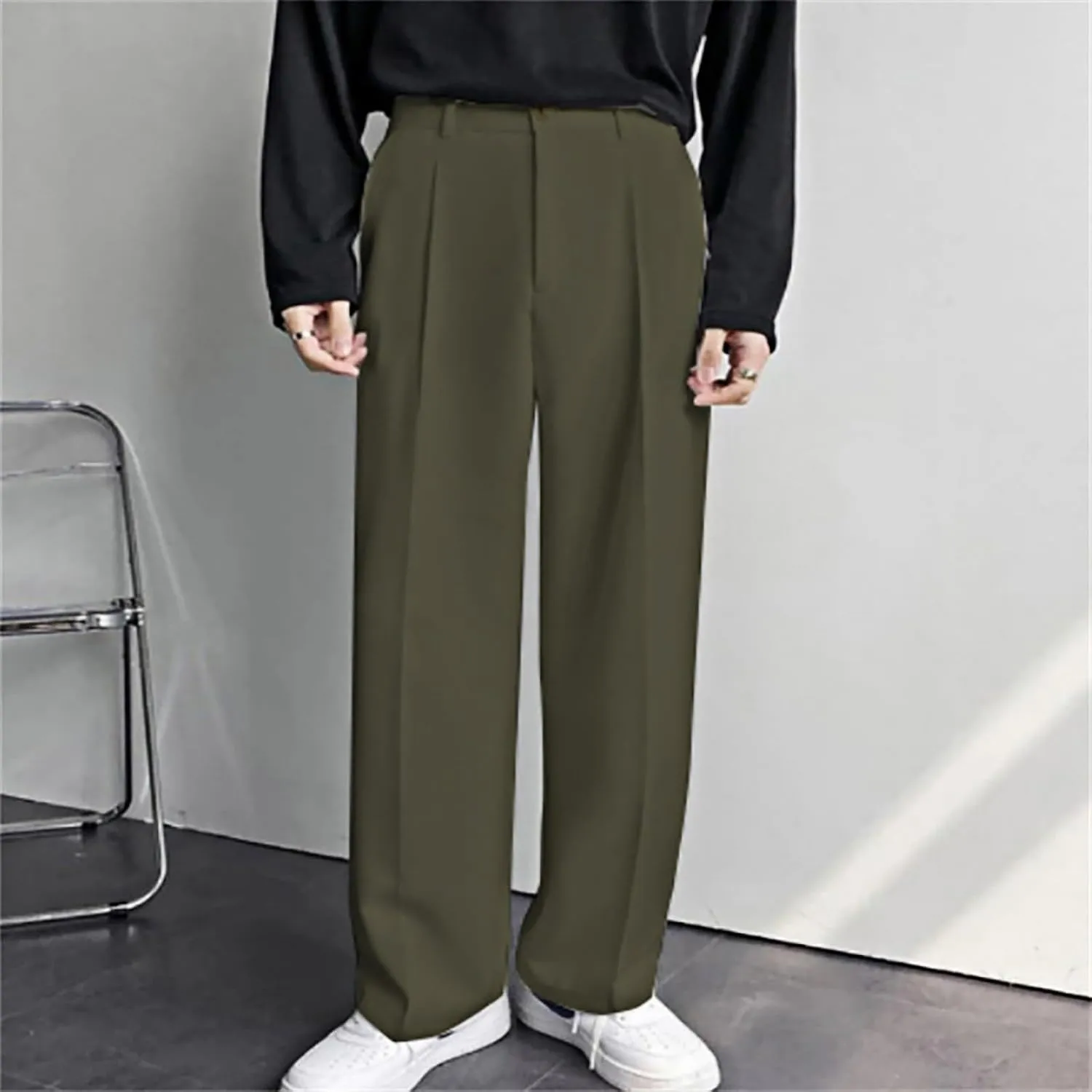 Mens Dress Pants Wide Leg Pleat Front Long Pants High Waisted Button Zipper Fly Suit Trousers Business Work Clothes