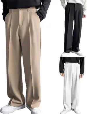 Mens Dress Pants Wide Leg Pleat Front Long Pants High Waisted Button Zipper Fly Suit Trousers Business Work Clothes