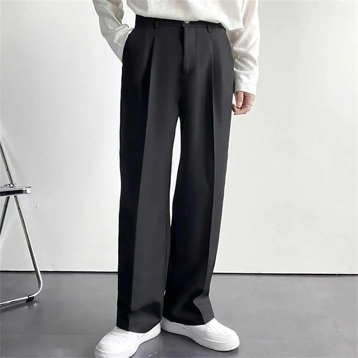 Mens Dress Pants Wide Leg Pleat Front Long Pants High Waisted Button Zipper Fly Suit Trousers Business Work Clothes