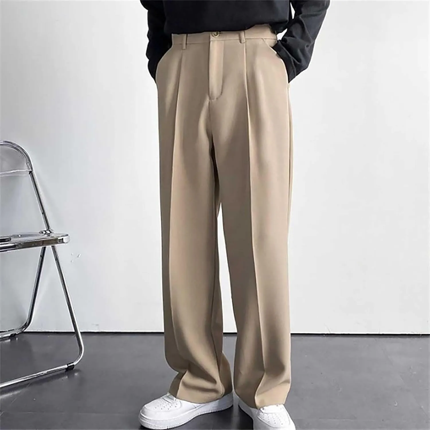 Mens Dress Pants Wide Leg Pleat Front Long Pants High Waisted Button Zipper Fly Suit Trousers Business Work Clothes