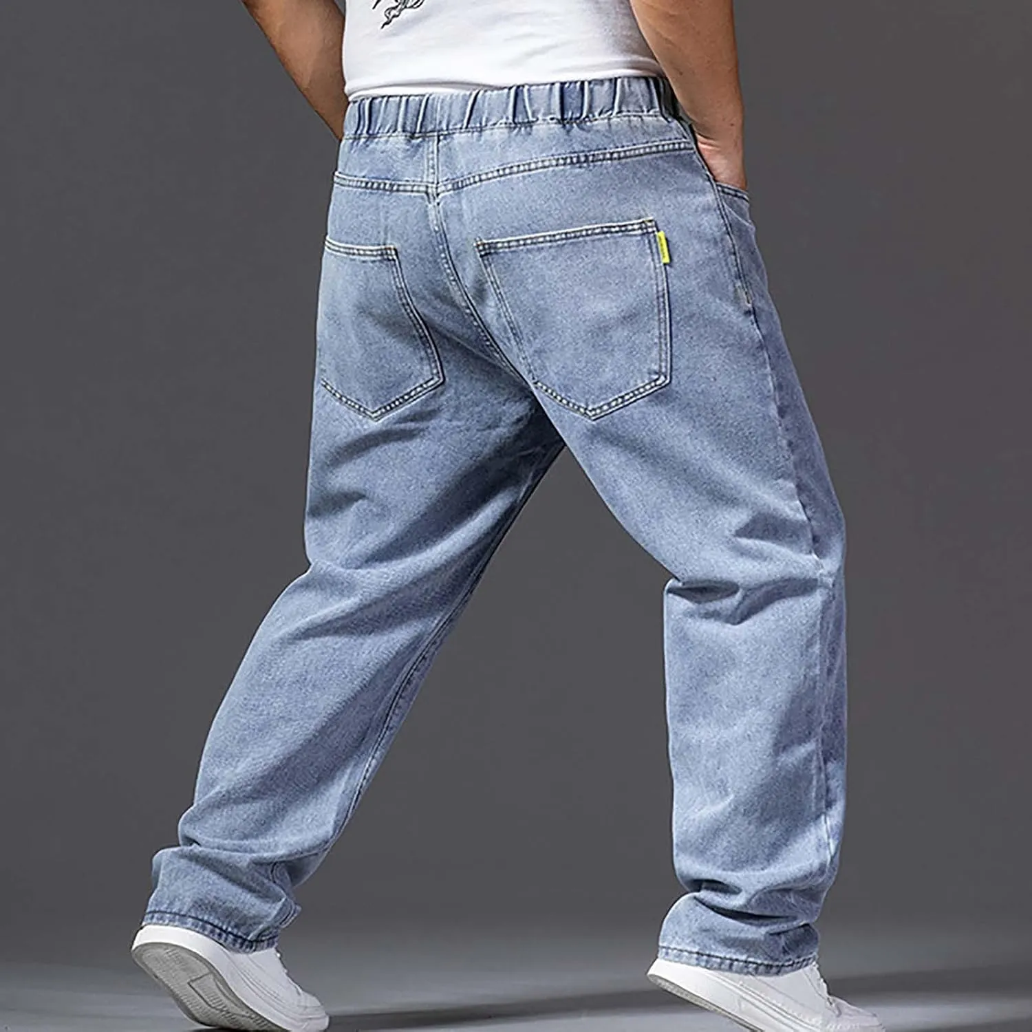Mens Fashion Classic Jeans Elastic Waist Drawstring Denim Pants Casual Loose Straight Legs Trousers with Pockets