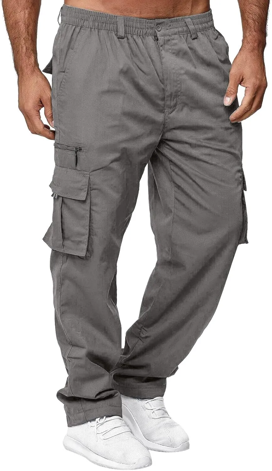 Mens Fashion Joggers Sweatpants Multi Woven Pocket Foot Rope Solid Pants Street Cargo Yoga Athletic Lounge Trousers