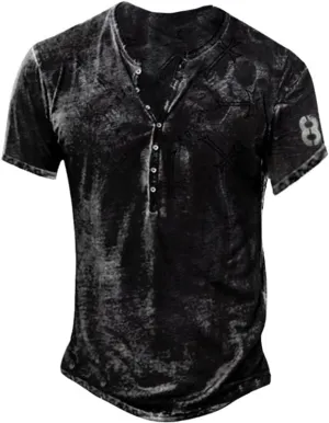 Mens Henley Shirts Retro Short Sleeve Tee V Neck Shirts Casual Button Down Washed T-Shirts for Men S~2XL