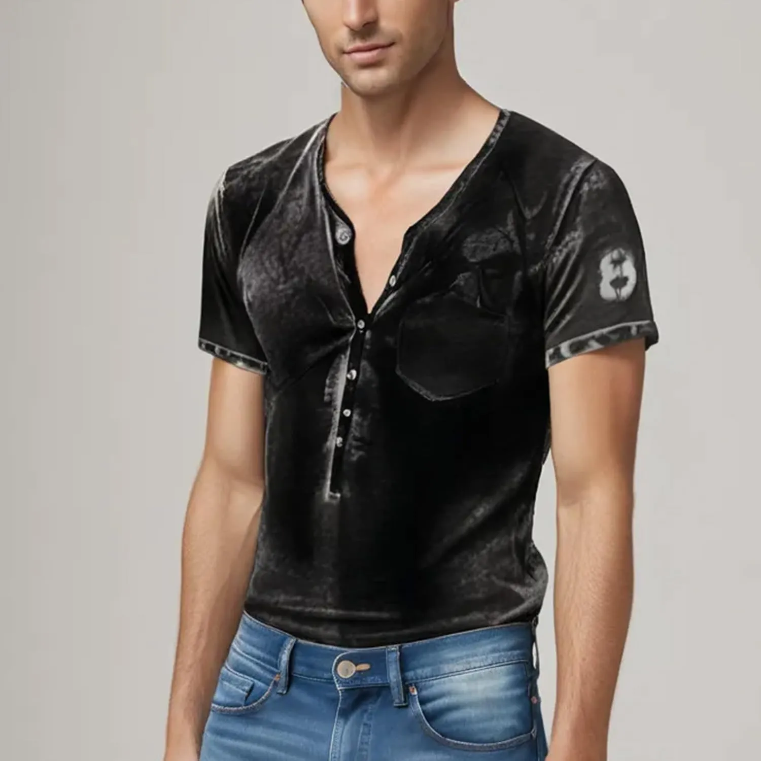 Mens Henley Shirts Retro Short Sleeve Tee V Neck Shirts Casual Button Down Washed T-Shirts for Men S~2XL