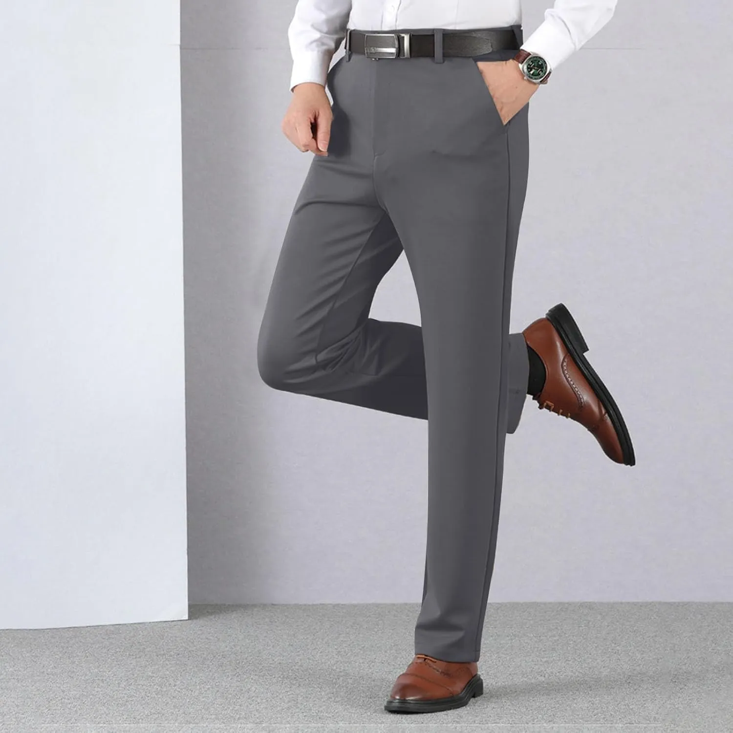 Men's Lightweight Dress Pants Flat Front Slim Fit Business Work Pant Casual Straight Leg Suit Trousers with Pockets