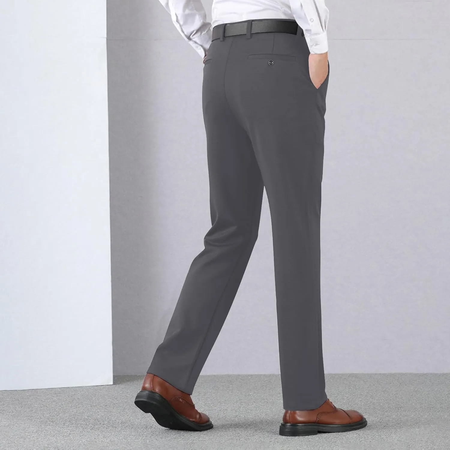 Men's Lightweight Dress Pants Flat Front Slim Fit Business Work Pant Casual Straight Leg Suit Trousers with Pockets