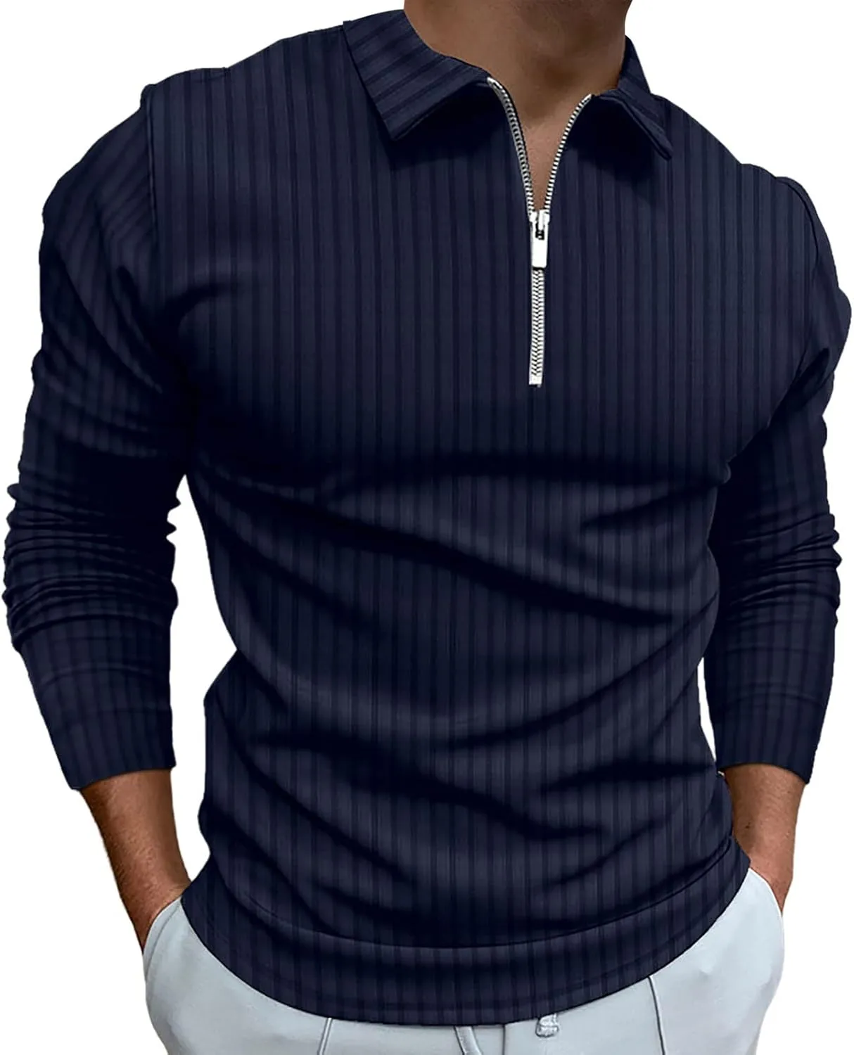 Men's Long Sleeve Polo Shirt Zip Neck Business Casual Tops Ribbed Workout Tee Shirts