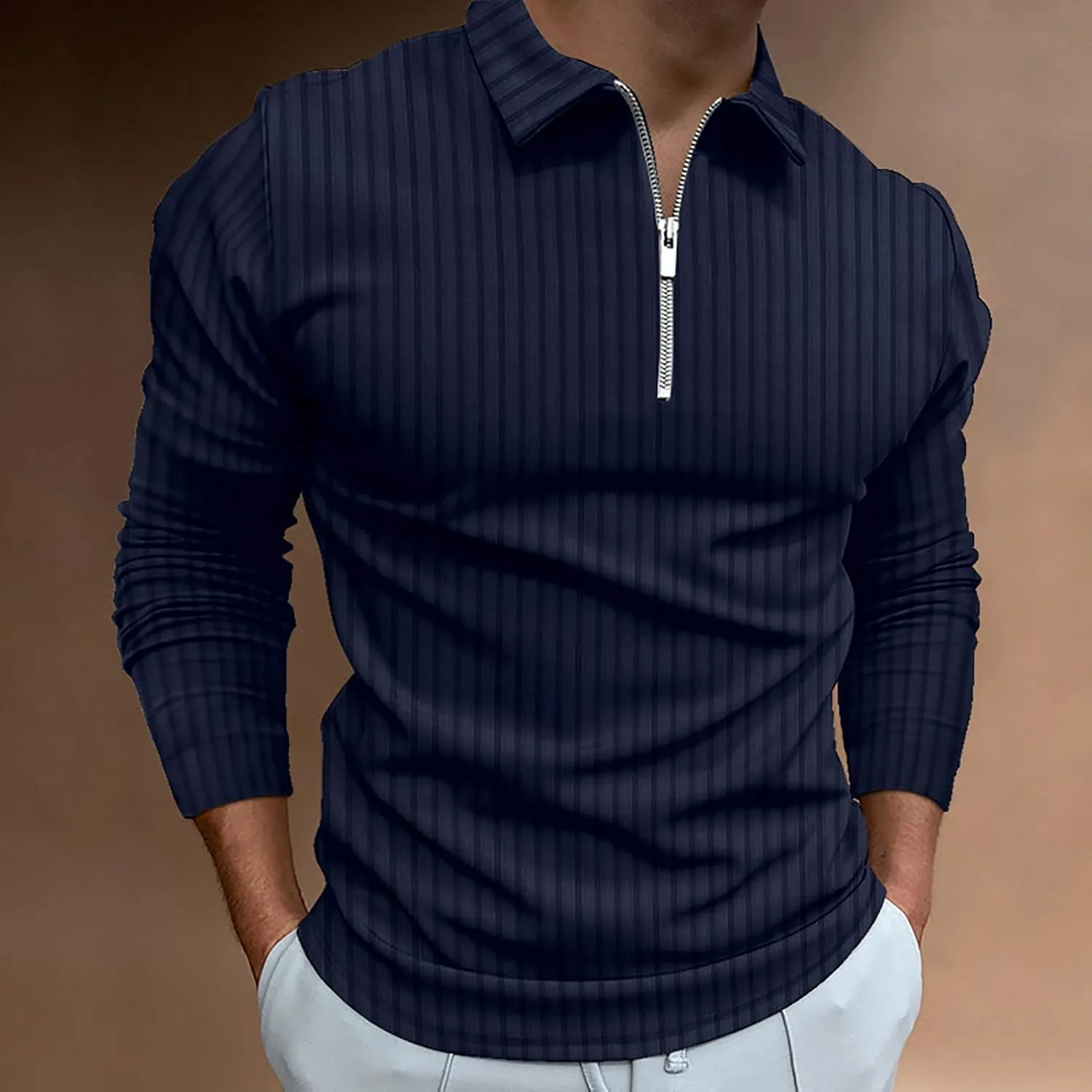 Men's Long Sleeve Polo Shirt Zip Neck Business Casual Tops Ribbed Workout Tee Shirts