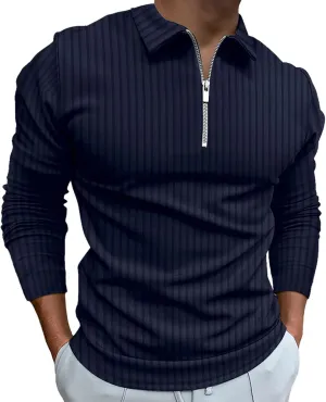 Men's Long Sleeve Polo Shirt Zip Neck Business Casual Tops Ribbed Workout Tee Shirts