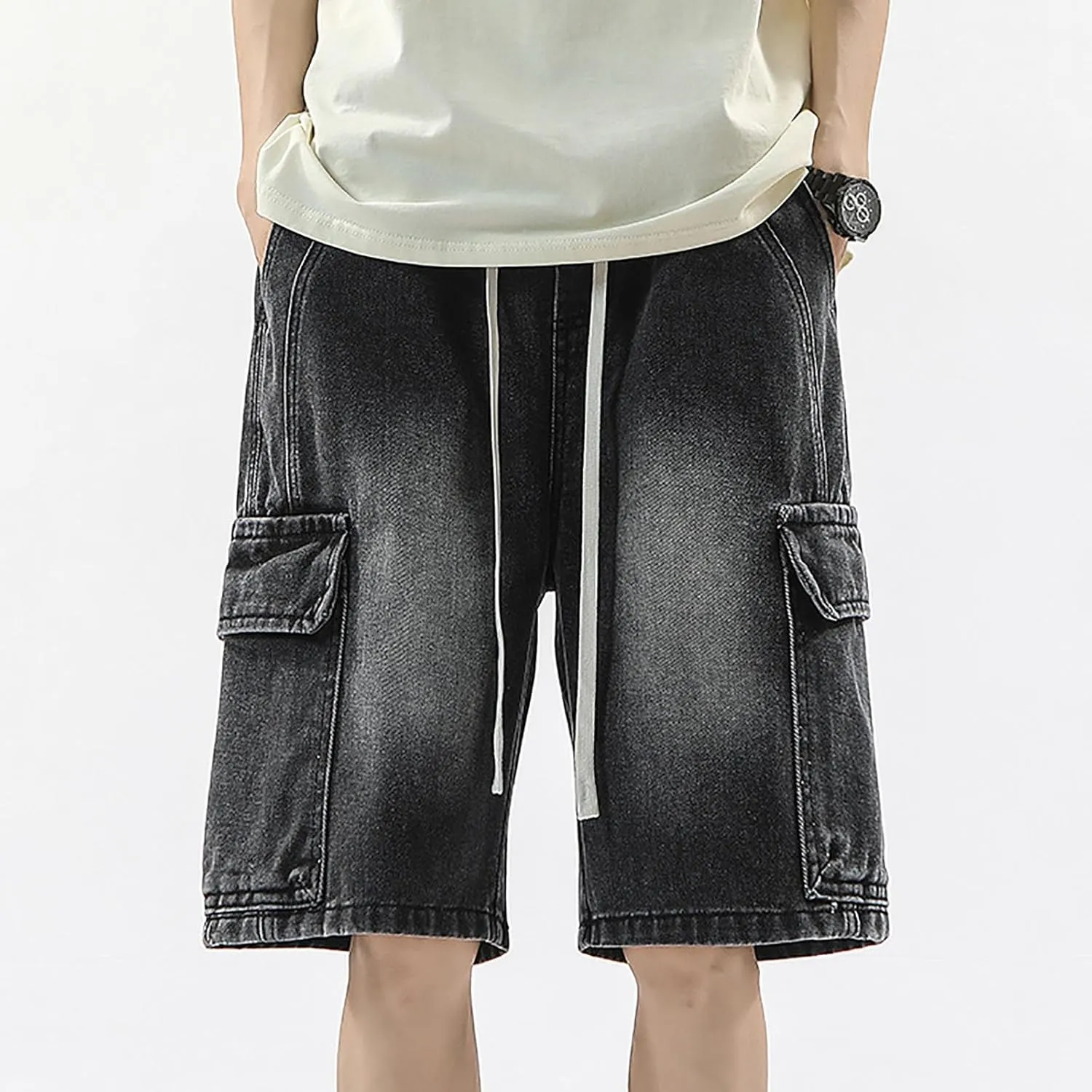 Mens Loose Hip Hop Cropped Jean Shorts Work Denim Shorts with Pockets Summer Casual 2025 Trendy Streetwear