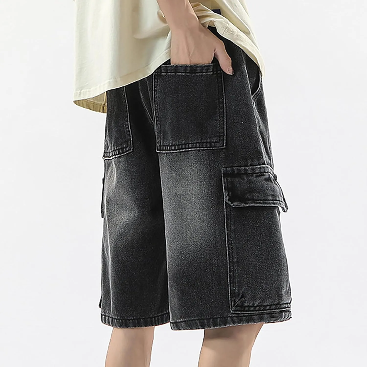 Mens Loose Hip Hop Cropped Jean Shorts Work Denim Shorts with Pockets Summer Casual 2025 Trendy Streetwear