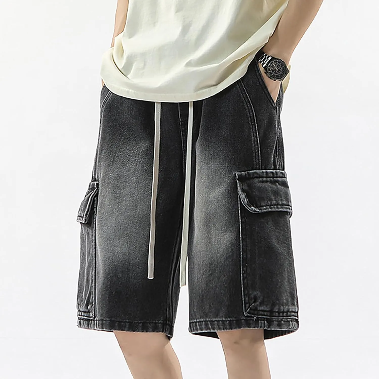 Mens Loose Hip Hop Cropped Jean Shorts Work Denim Shorts with Pockets Summer Casual 2025 Trendy Streetwear
