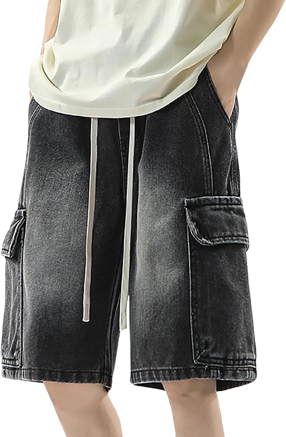 Mens Loose Hip Hop Cropped Jean Shorts Work Denim Shorts with Pockets Summer Casual 2025 Trendy Streetwear