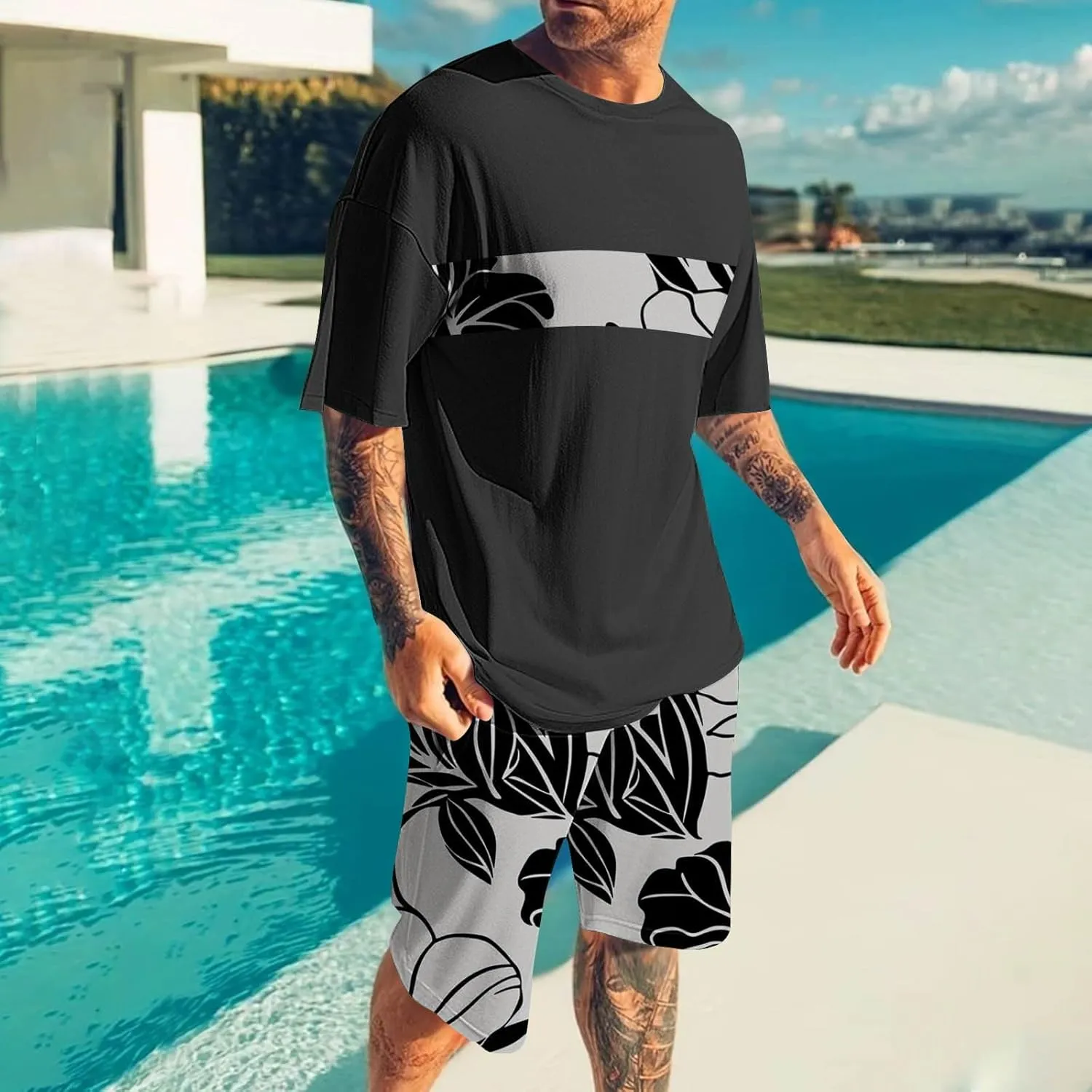 Mens Lounge 2 Piece Outfit Summer Hawaiian Beach Set Short Sleeve Crewneck T-Shirts and Shorts Vintage Print Sets