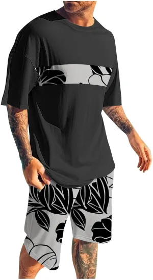 Mens Lounge 2 Piece Outfit Summer Hawaiian Beach Set Short Sleeve Crewneck T-Shirts and Shorts Vintage Print Sets