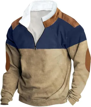 Mens Patchwork Winter Sweatshirts 1/4 Zip Zipper Stand Collar Sweatshirts Casual Long Sleeve Pullover Tops