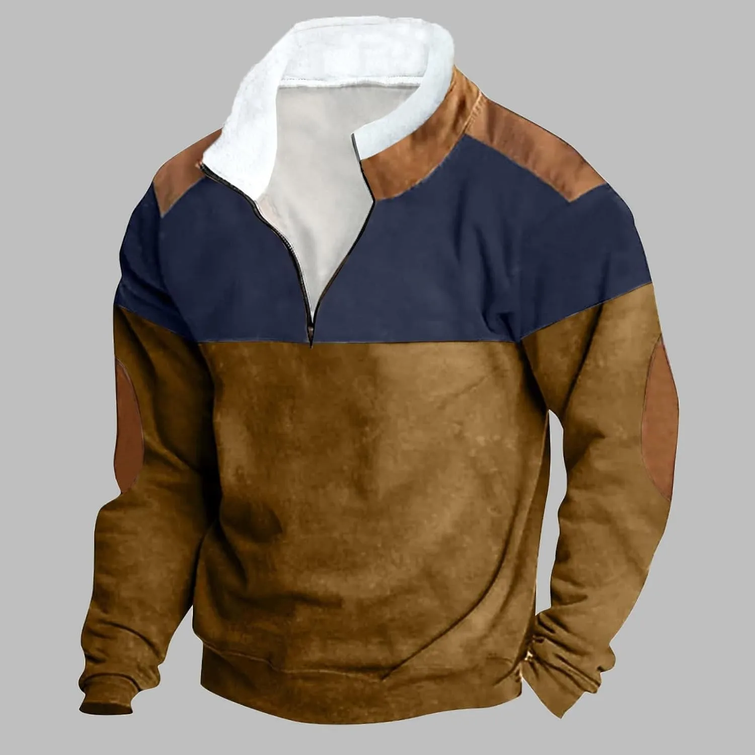 Mens Patchwork Winter Sweatshirts 1/4 Zip Zipper Stand Collar Sweatshirts Casual Long Sleeve Pullover Tops