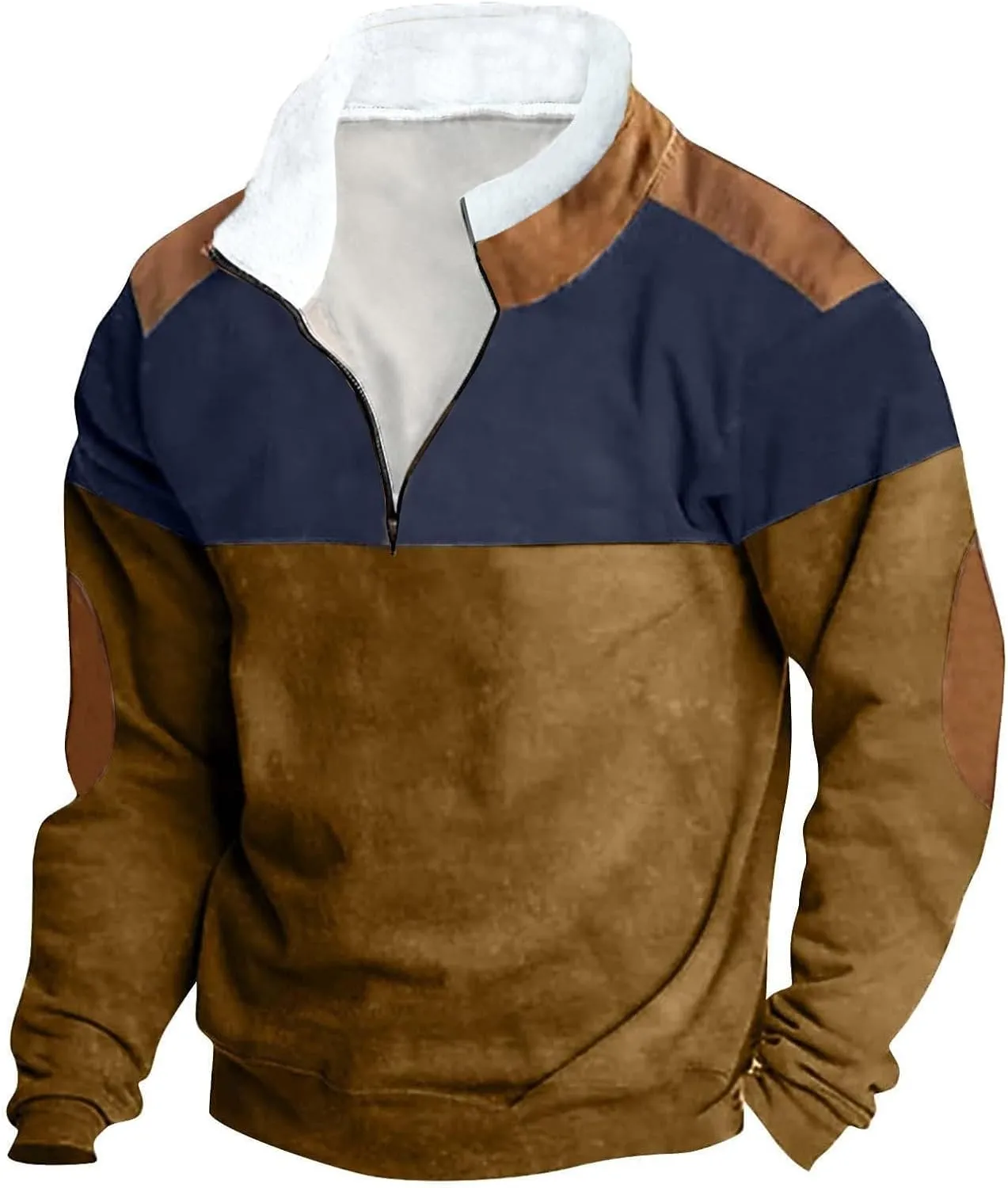 Mens Patchwork Winter Sweatshirts 1/4 Zip Zipper Stand Collar Sweatshirts Casual Long Sleeve Pullover Tops