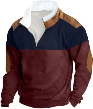 Mens Patchwork Winter Sweatshirts 1/4 Zip Zipper Stand Collar Sweatshirts Casual Long Sleeve Pullover Tops