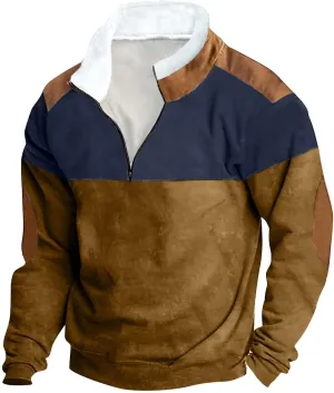 Mens Patchwork Winter Sweatshirts 1/4 Zip Zipper Stand Collar Sweatshirts Casual Long Sleeve Pullover Tops