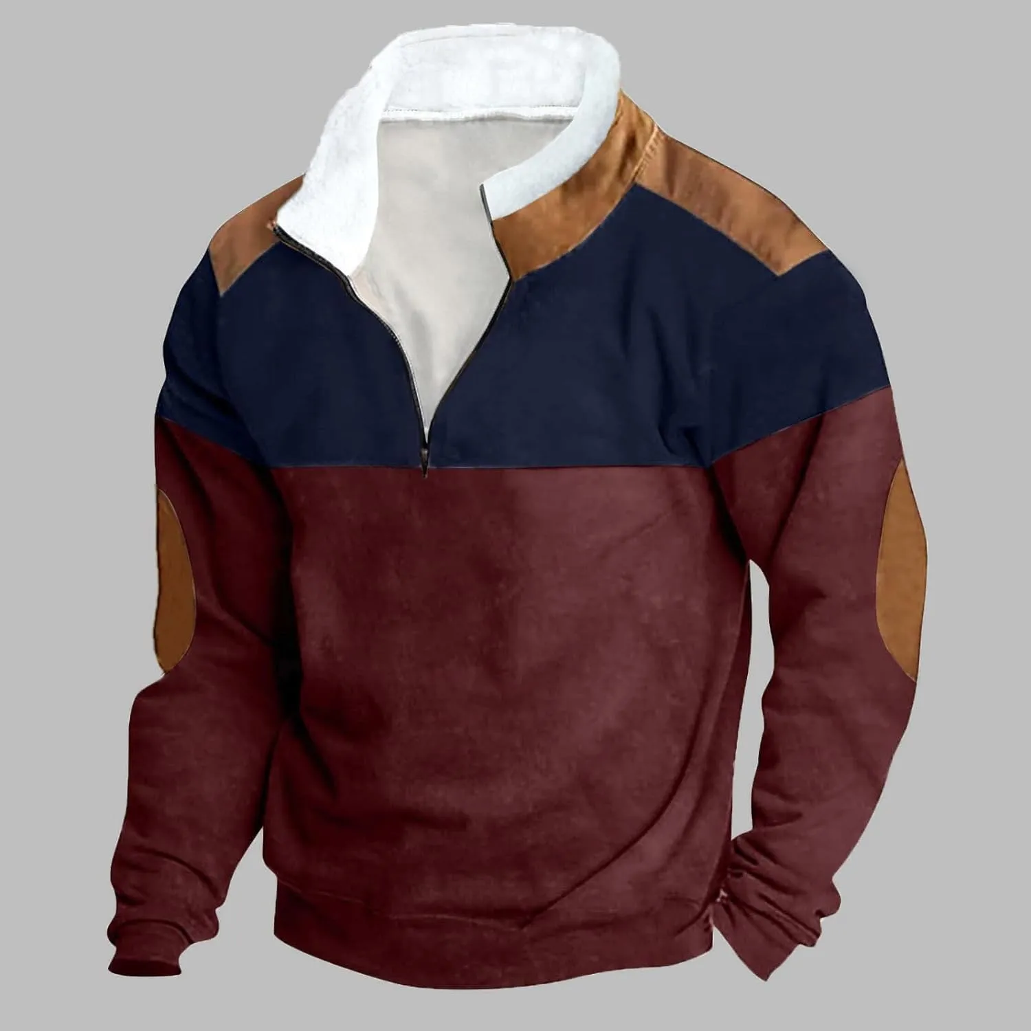 Mens Patchwork Winter Sweatshirts 1/4 Zip Zipper Stand Collar Sweatshirts Casual Long Sleeve Pullover Tops