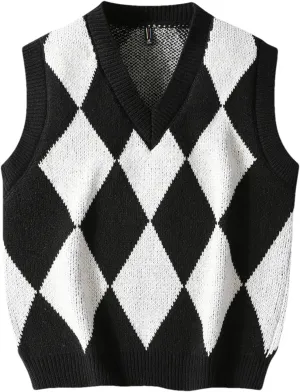 Men's Plaid Sweater Vest V-Neck Sleeveless Sweater Vest Campus Pullovers Classic Fit Tank Tops