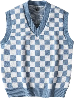 Men's Plaid Sweater Vest V-Neck Sleeveless Sweater Vest Campus Pullovers Classic Fit Tank Tops