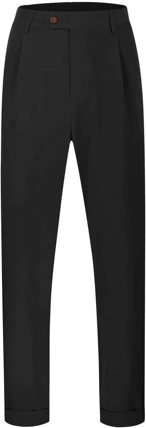 Men's Pleated Dress Pants Classic Business Straight Leg Casual Pants Outdoor Baggy Wide Leg Suit Trousers with Pocket